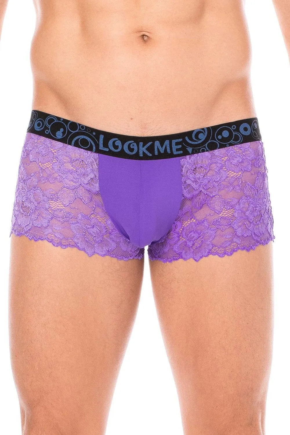 Caleçon homme violet en dentelle florale fine, poche opaque, maintien confortable, polyester élasthanne, lingerie sexy.