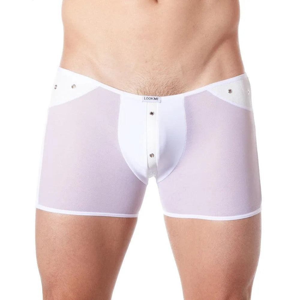 caleçon sexy blanc transparent maille fine partie avant opaque bande verticale cuir anneaux métalliques hanches confortable extensible polyester elasthanne provocant
