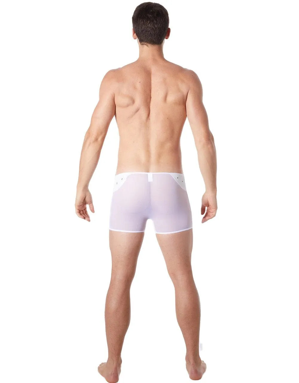 Caleçon blanc transparent maille fine, avant opaque, bande cuir avec anneaux métalliques, hanches stylisées, polyester.