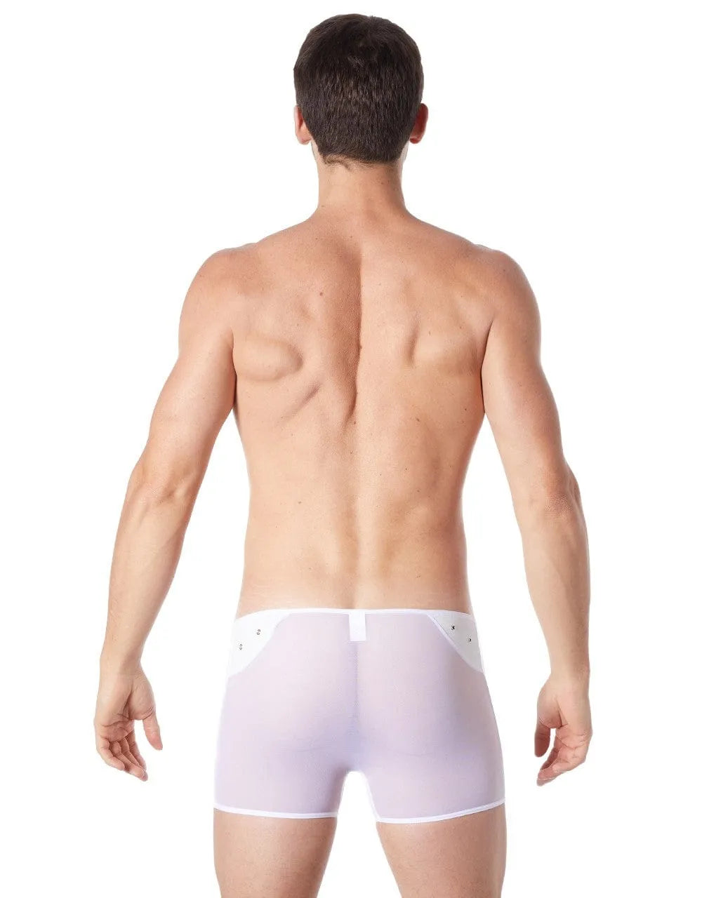 Caleçon blanc transparent maille fine, avant opaque, bande cuir avec anneaux métalliques, confortable et extensible.