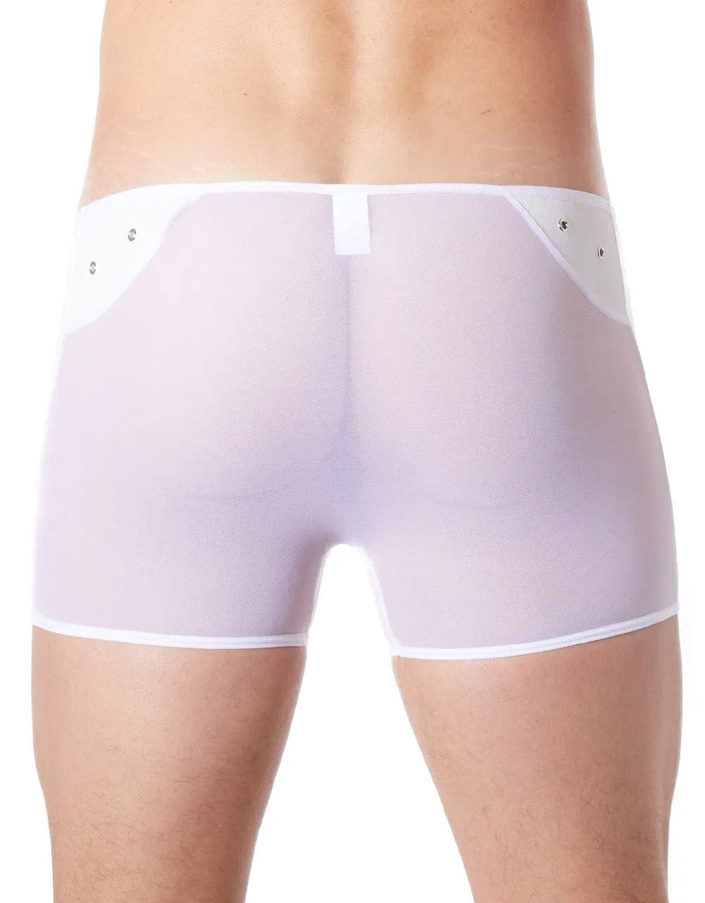 Caleçon sexy blanc transparent, maille fine, bande cuir avec anneaux métalliques, avant opaque, polyester élasthanne.