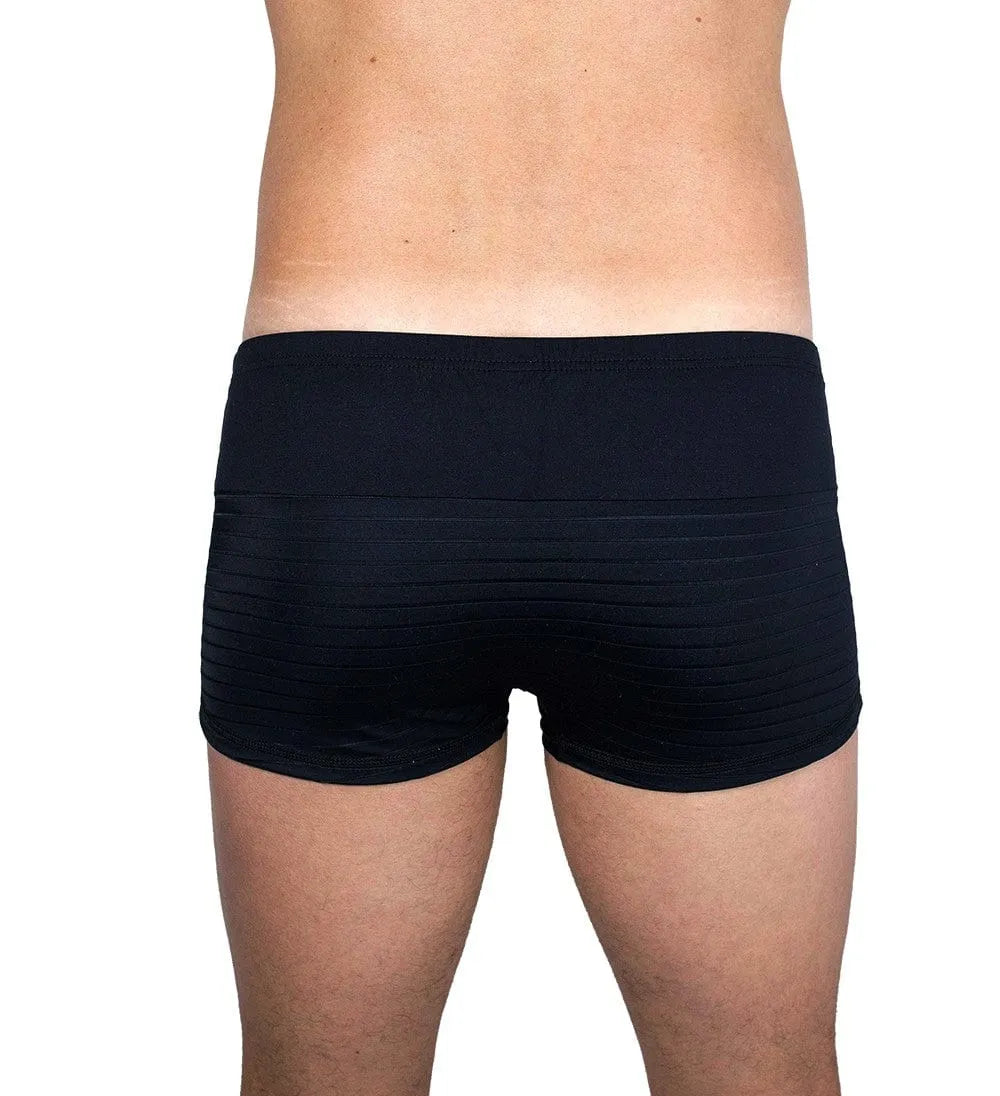Boxer homme noir rayé, bandes opaques et transparentes, dos assorti, maille fine, polyamide élasthanne, élégant.