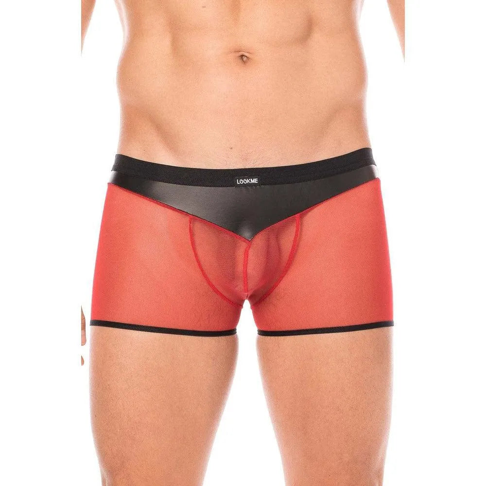 caleçon transparent résille rouge similicuir brillant souple poche frontale arrière sexy contraste opacité transparence confortable élégant extensible elasthanne polyester
