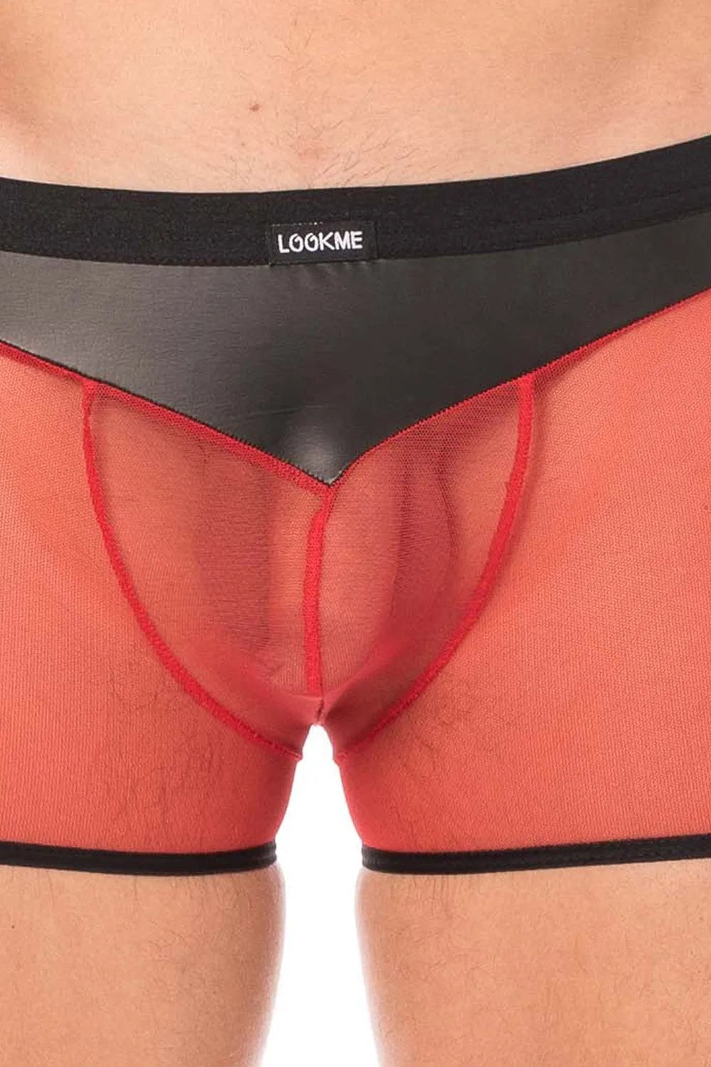 Boxer homme rouge résille et similicuir brillant, poche frontale, contraste opacité-transparence, élégant et extensible.