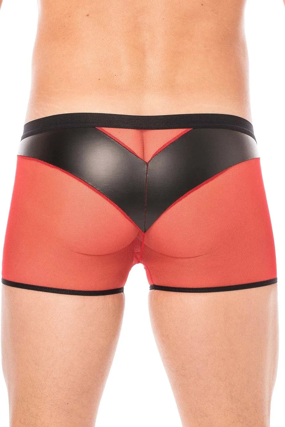 Boxer homme résille rouge et similicuir noir, poche avant et arrière, design sexy et élégant, polyester et élasthanne.