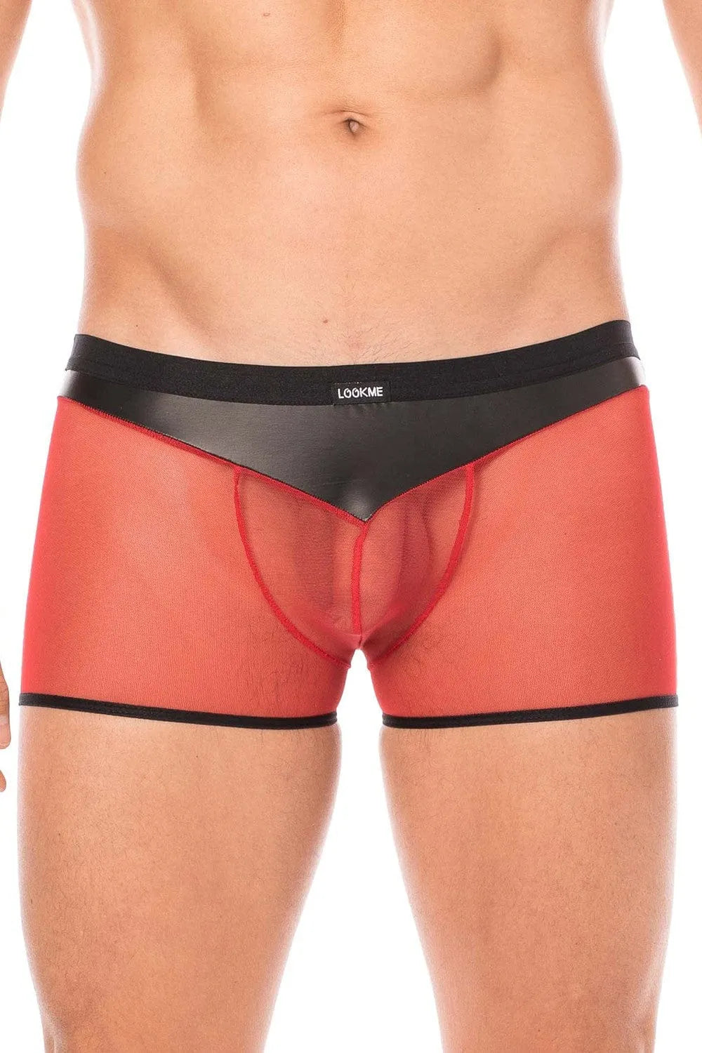 Caleçon rouge résille transparent avec détails simili cuir brillant, poche frontale, design élégant et extensible.