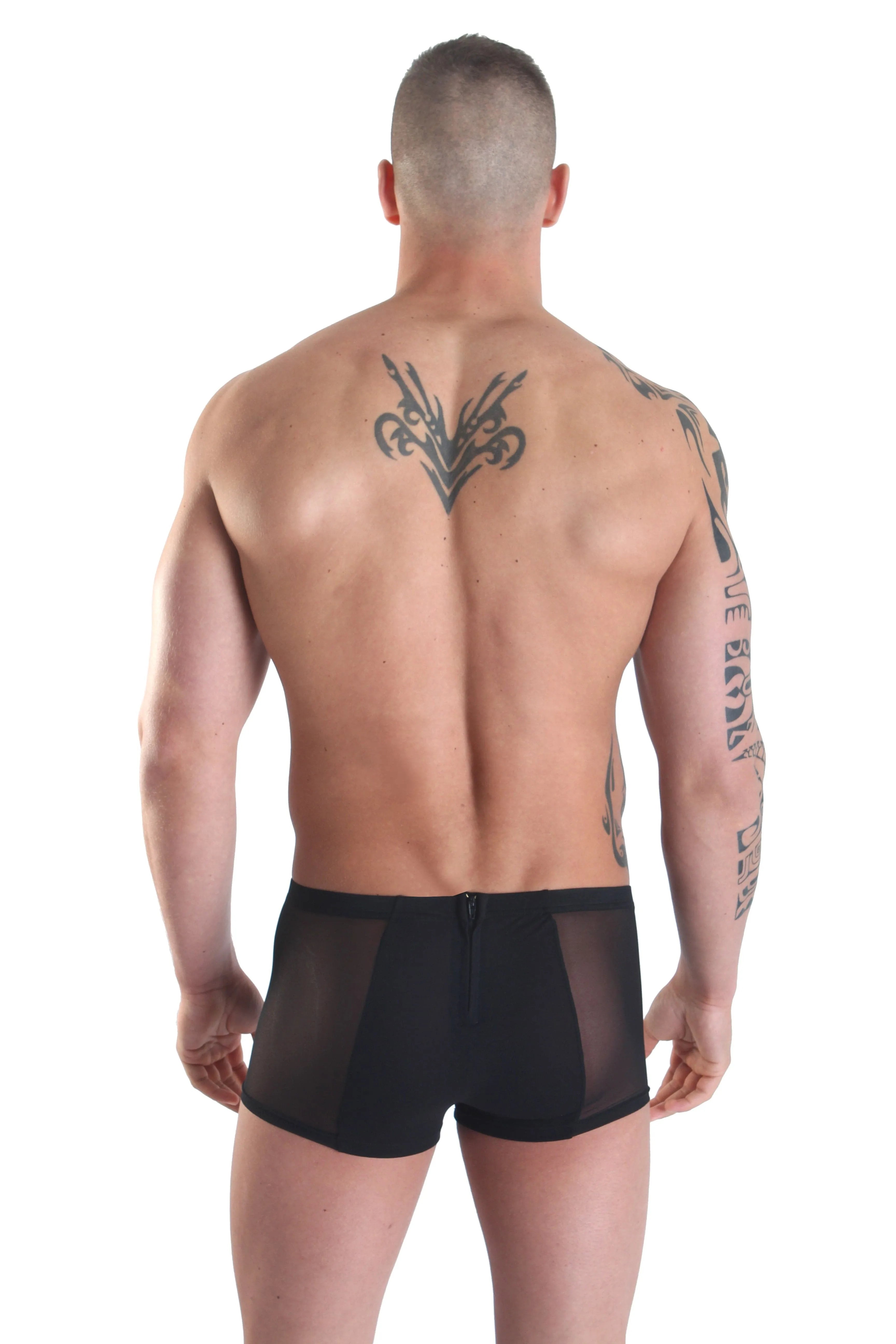Boxer homme noir transparent, moulant, avec fermetures avant et arrière, en polyamide élasthanne, tendance et confortable.