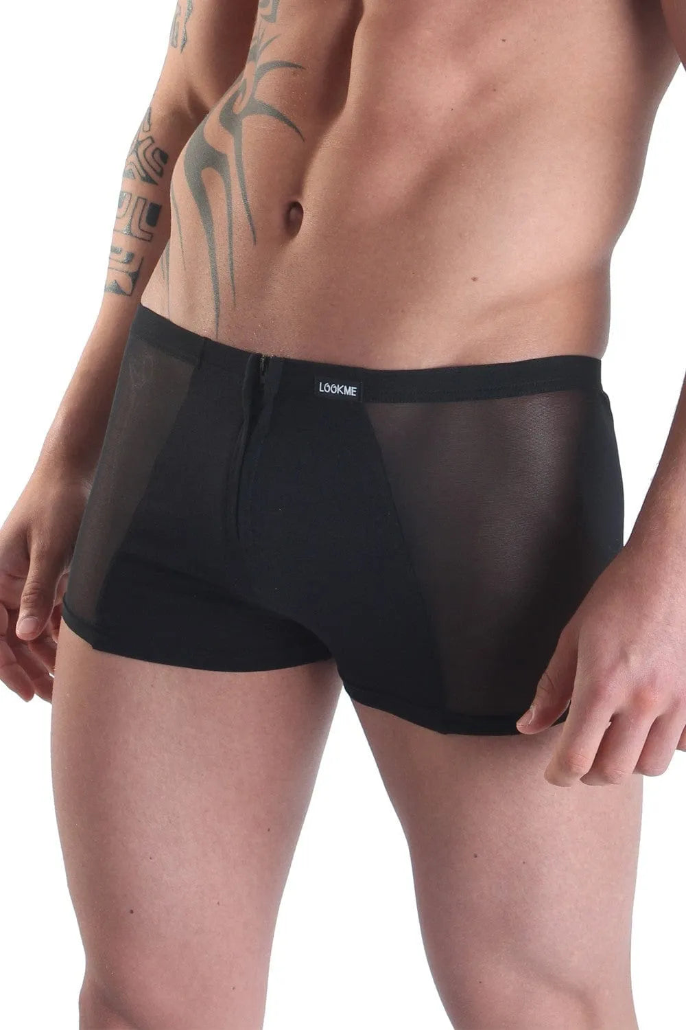 Boxer noir transparent homme, moulant, respirant, avec fermetures avant-arrière, en polyamide et élasthanne.