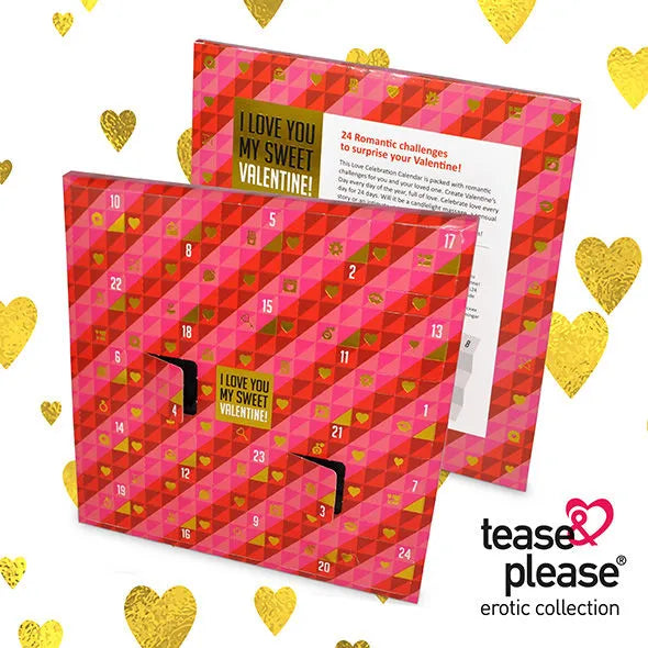 Calendrier Avent rouge et rose pour couples, 24 surprises sensuelles, design cœur doré, cadeau romantique Noël.