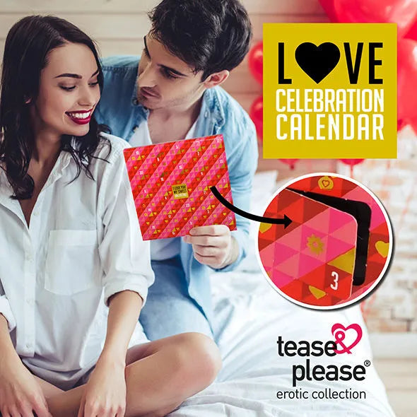 Calendrier de l'Avent romantique rouge avec motifs, couple souriant, ambiance intime, cadeau Noël pour renforcer la relation.