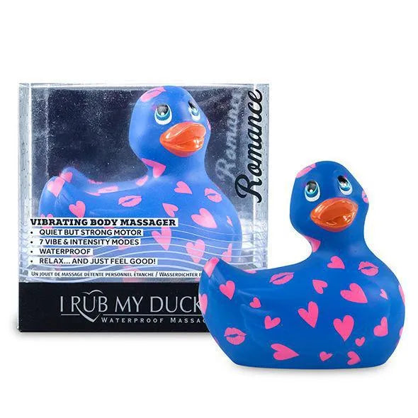 Canard vibrant bleu avec motifs roses, étanche, compact, massage relaxant, sept modes, silicone, cadeau hygiénique.