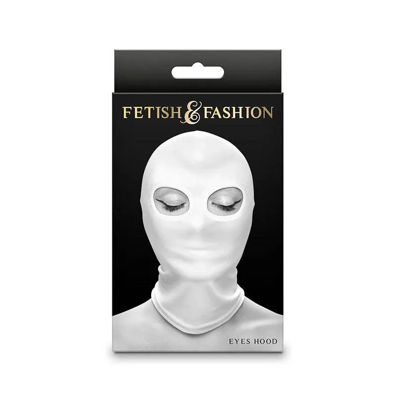 Capuche BDSM blanche en nylon, yeux exposés, texture lisse, ajustée, érotique, mystique, taille unique.