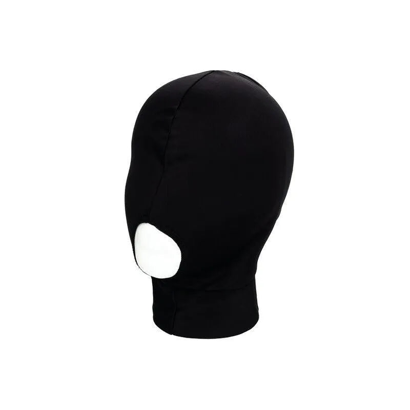 Capuche noire érotique extensible, bouche ouverte, tissu respirant, ajustable, microfibre douce et hypoallergénique.