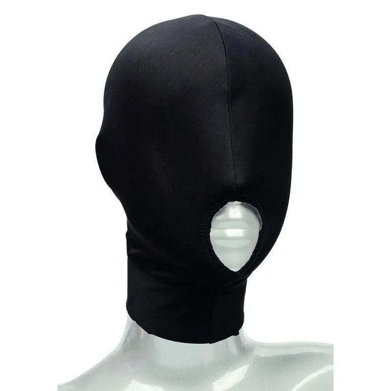 Capuche érotique noire extensible, bouche ouverte, tissu respirant, ajustable, hypoallergénique, lavable.