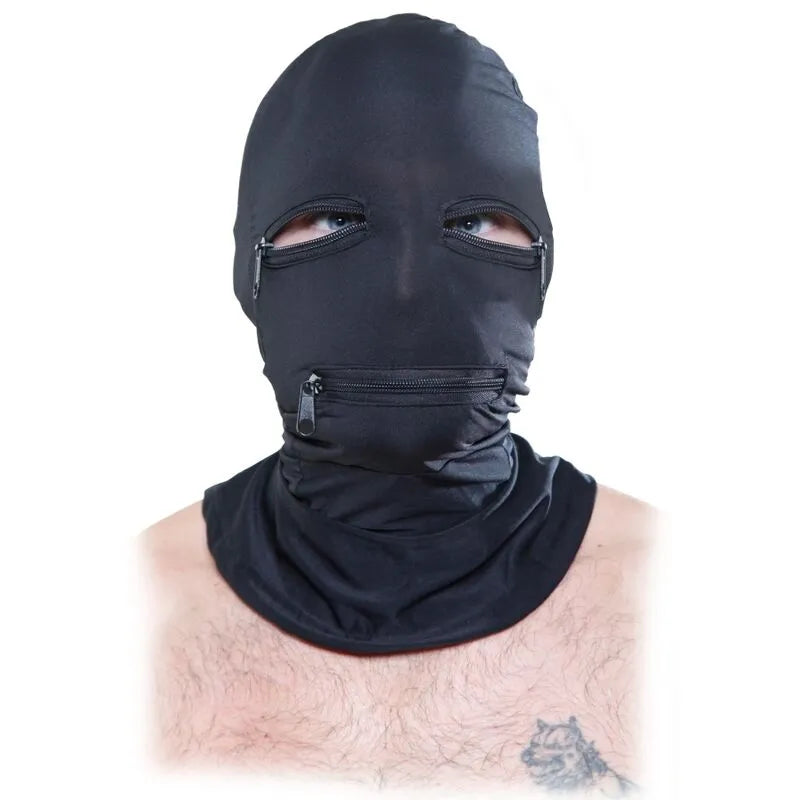 capuche zippée bdsm polyester élasthanne respirante légère ajustable tailleunique fermetures éclair yeux bouche contrôle confortable polyvalente