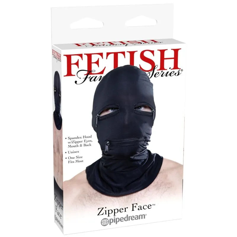 Capuche BDSM noire zippée, polyester élasthanne, ajustable, fermetures éclair yeux/bouche, taille unique, emballage visible.