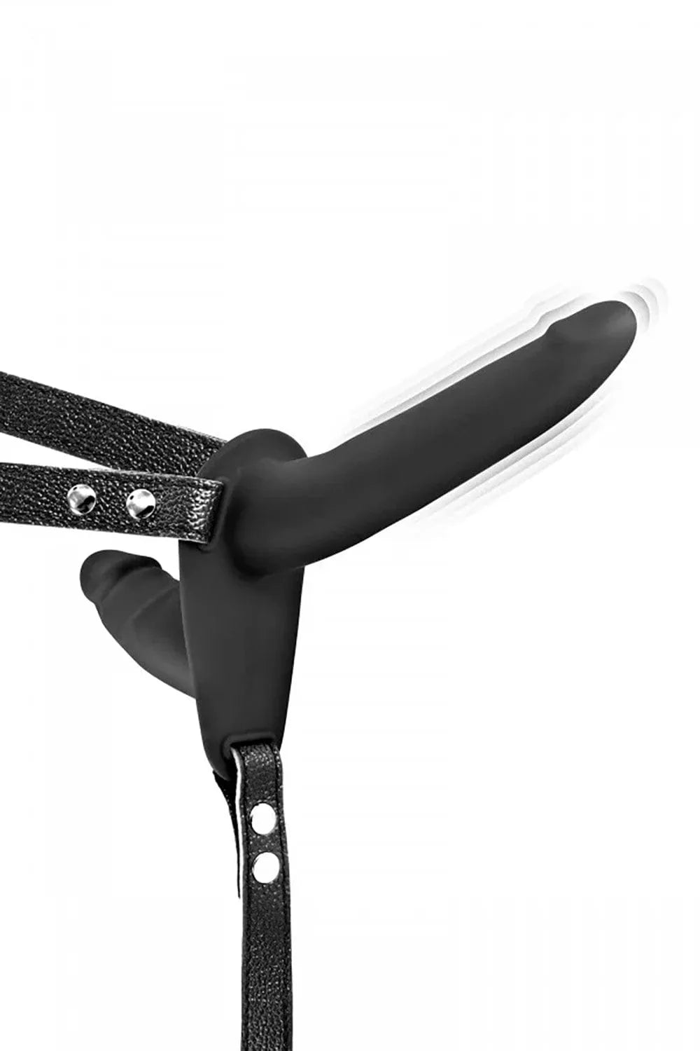Ceinture double gode vibrant noir ajustable similicuir confortable maintien sécurisé dix vitesses rechargeable câble inclus silicone polyuréthane sans phtalates
