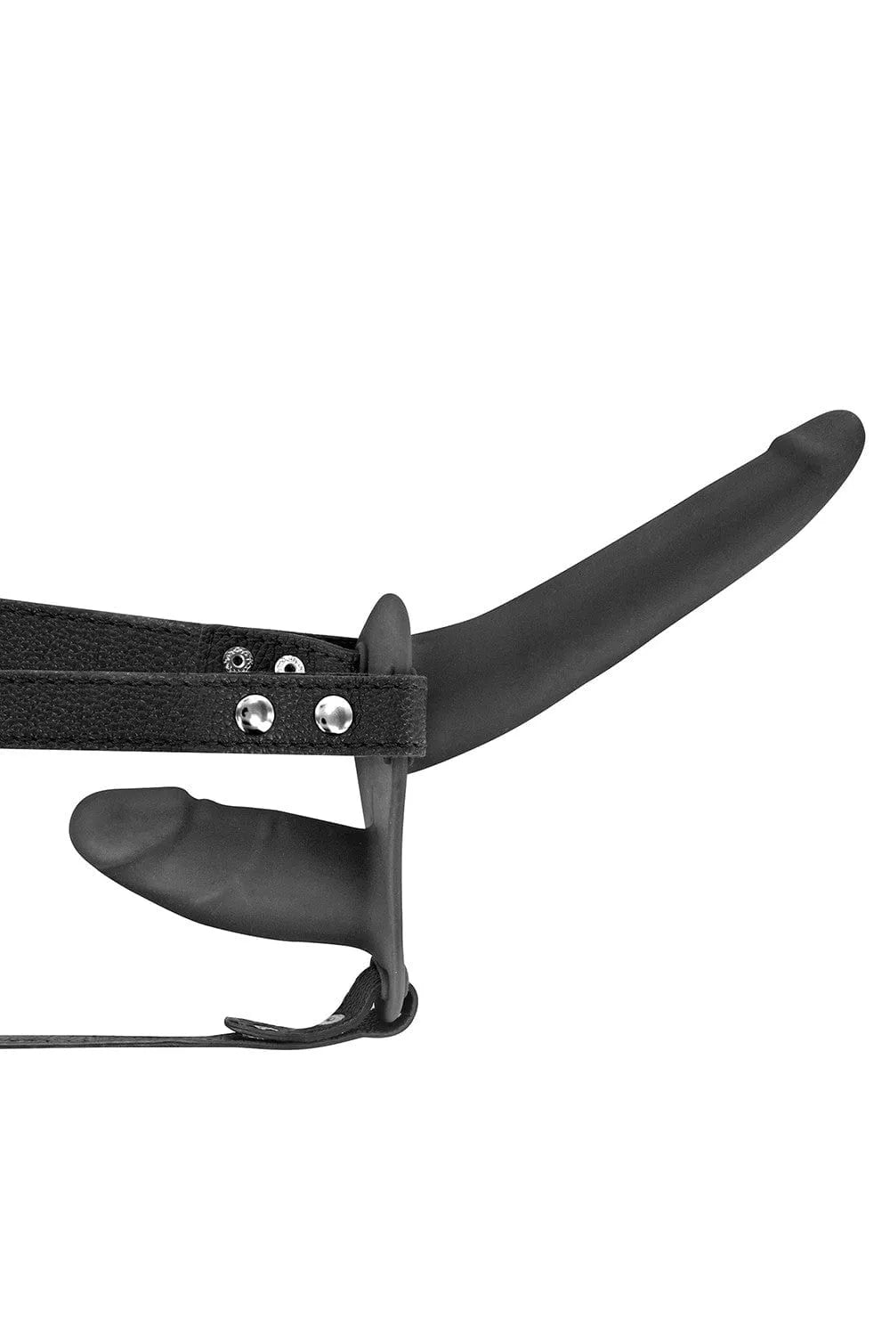 Ceinture double gode vibrant noir ajustable, 10 vitesses, simili cuir, silicone sans phtalates, rechargeable USB.