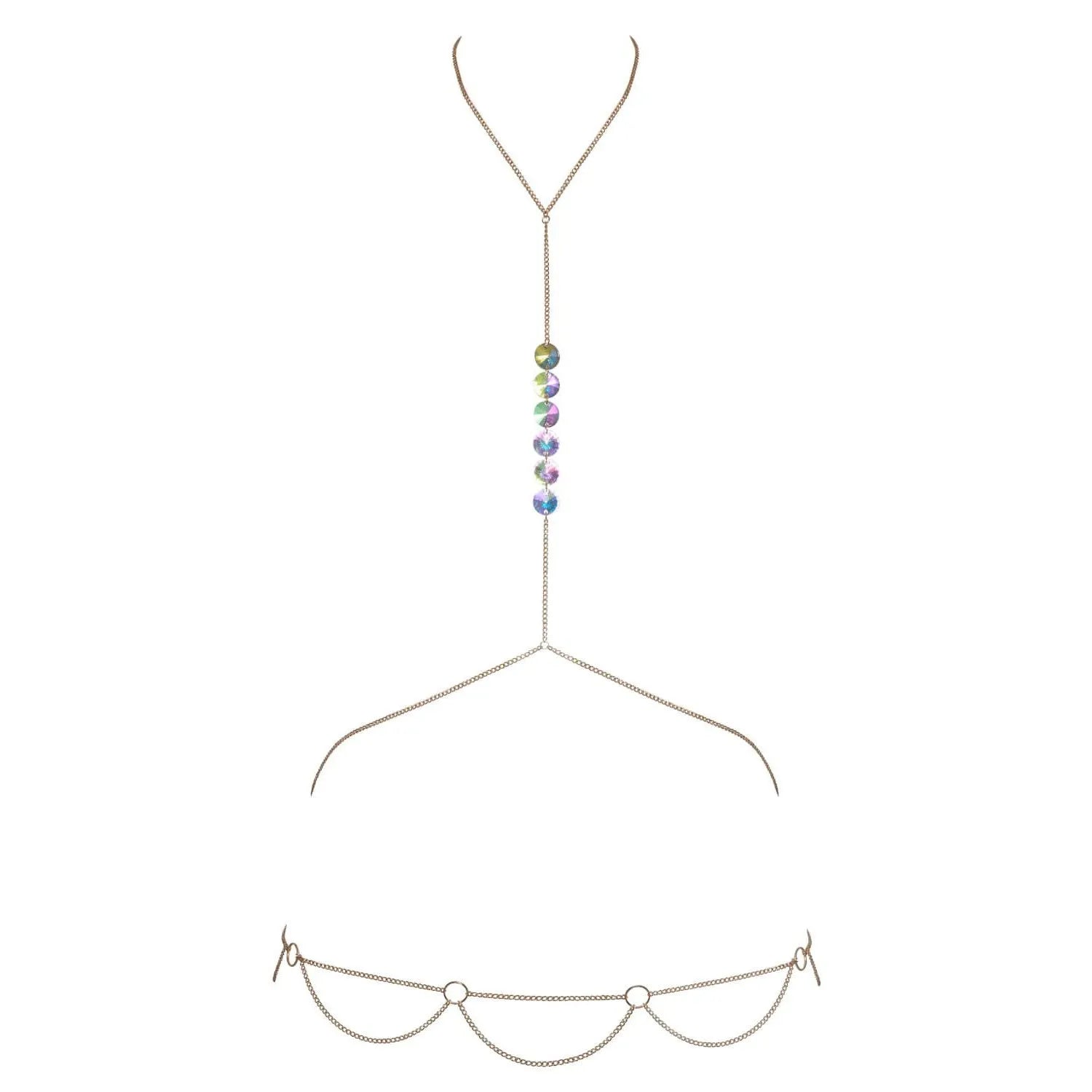 Chaîne corporelle dorée avec paillettes holographiques irisées, double collier ajustable, strass, glamour et élégance.