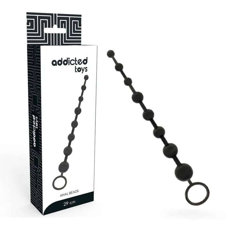 Chaîne de perles anales noires TPR doux, tailles progressives, anneau de retrait, longueur 29cm, emballage élégant.