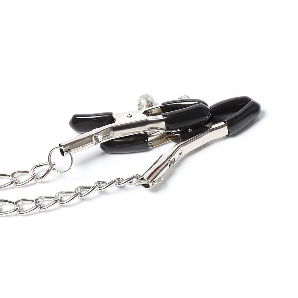 Chaîne pinces seins BDSM argentée 45cm, réglable, embouts PVC noir, esthétique et confort, accessoire élégant et durable.