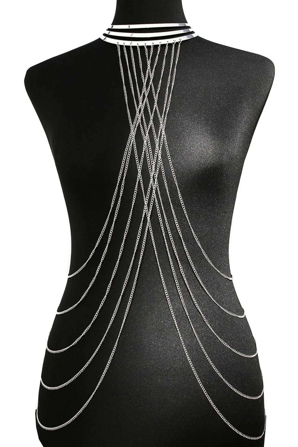 chaîne corps argentée fine délicate raffinée sophistiquée triple anneaux cou réglable confortable brillante métal plaqué argent glamour soirée lingerie sexy