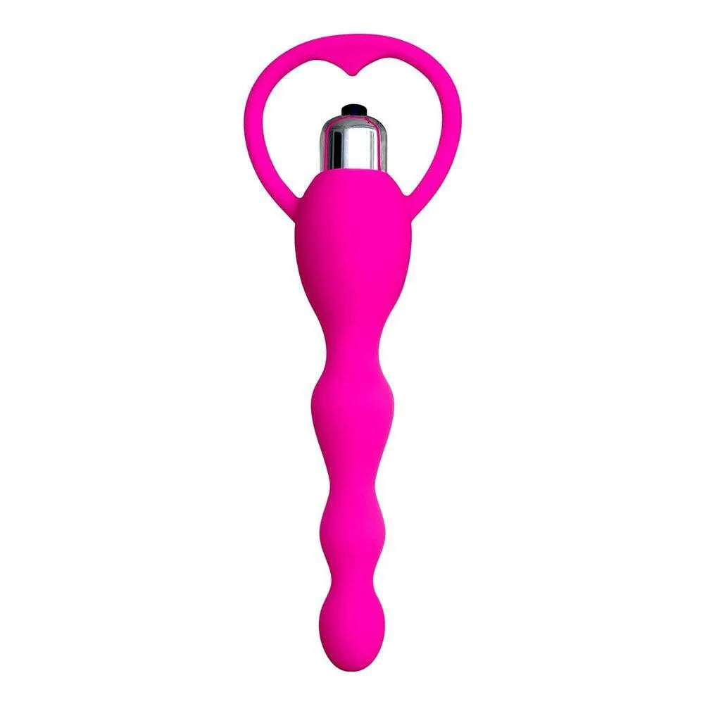 Chapelet anal ondulé vibrant rose silicone médical ABS vibreur intégré poignée retrait rapide sensations intenses longueur 17 centimètres diamètre progressif