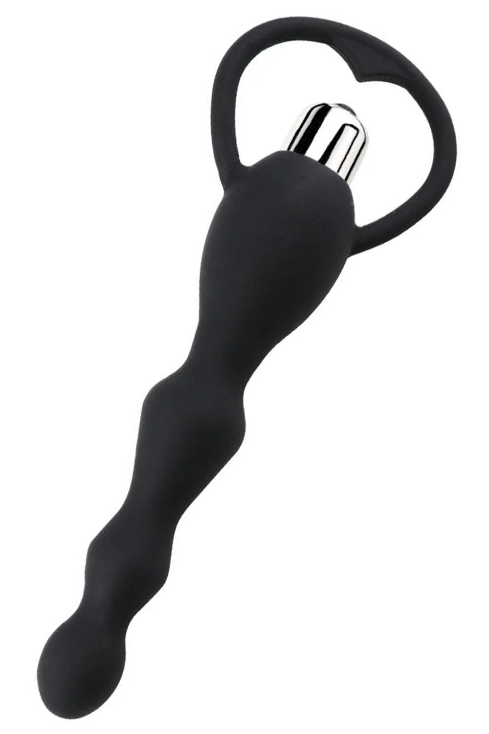 Chapelet anal vibrant noir en silicone médical avec poignée, longueur 17cm, diamètre 1-3cm, piles LR44 incluses.