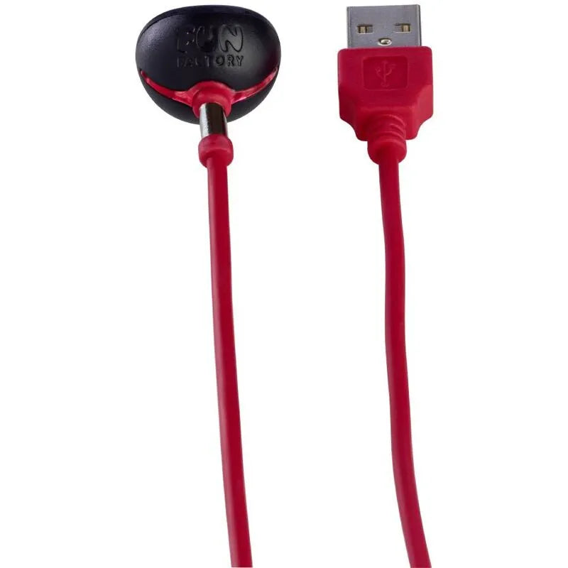 Chargeur magnétique USB rouge, compact et léger, avec câble et connecteur sécurisé pour recharge universelle rapide.