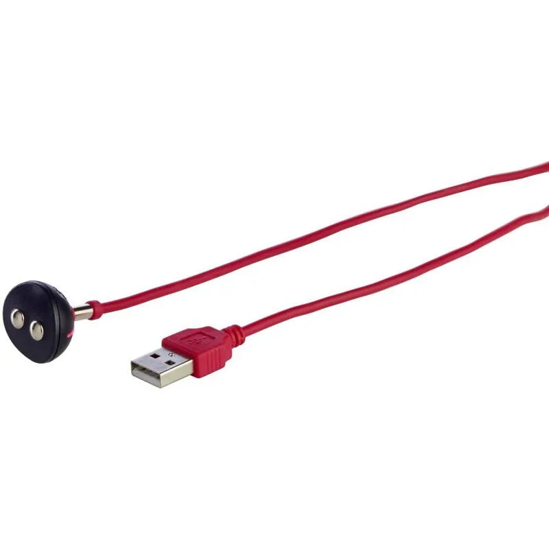 Chargeur magnétique USB rouge, compact et léger, avec connecteur sécurisé pour recharge universelle rapide.