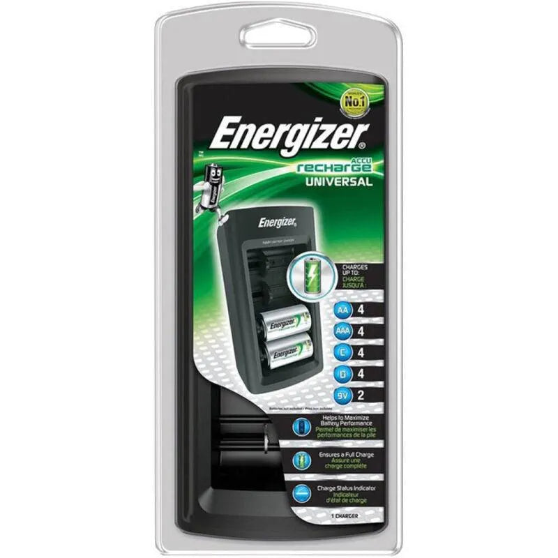Chargeur universel Energizer noir avec écran LCD, piles AA/AAA visibles, emballage transparent, recharge rapide.