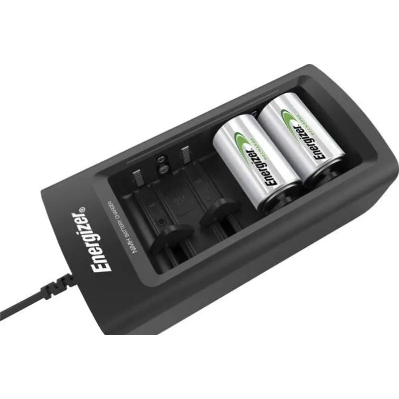 Chargeur universel Energizer noir avec écran LCD, piles AA insérées, compatible AA, AAA, C, D, 9V, arrêt automatique.