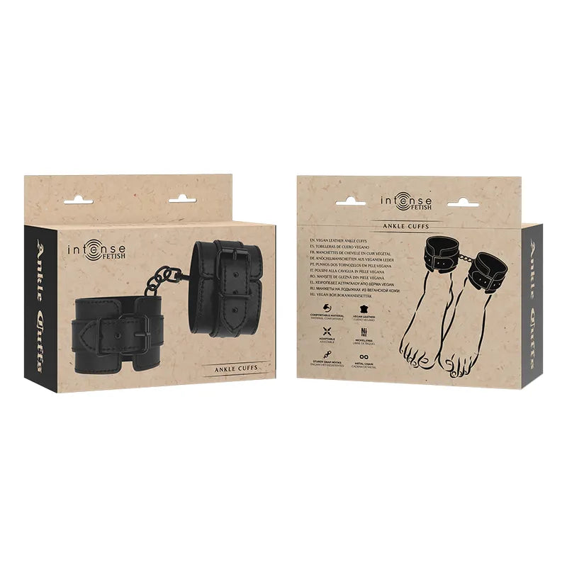 Chevilles BDSM en cuir vegan noir, robustes et élégantes, avec fermetures solides, par Intense Fetish.