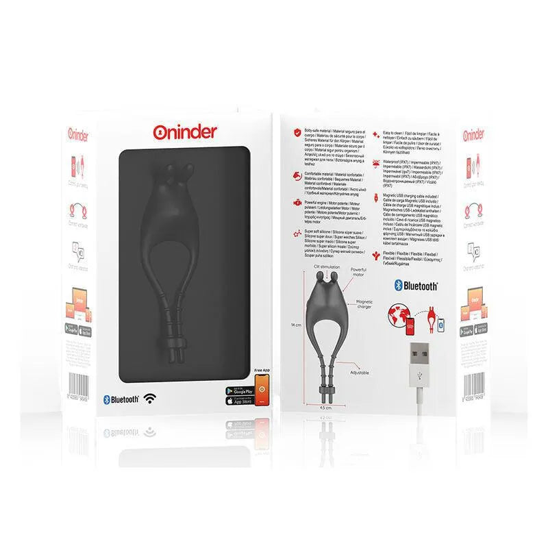 Anneau connecté noir en silicone doux, stimulation personnalisée, 10 vitesses, contrôlable via application mobile.