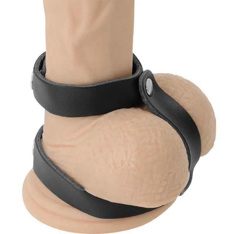 Anneau pénien cuir synthétique noir ajustable, supports réglables, pour débutants BDSM, confort et sensations intenses.