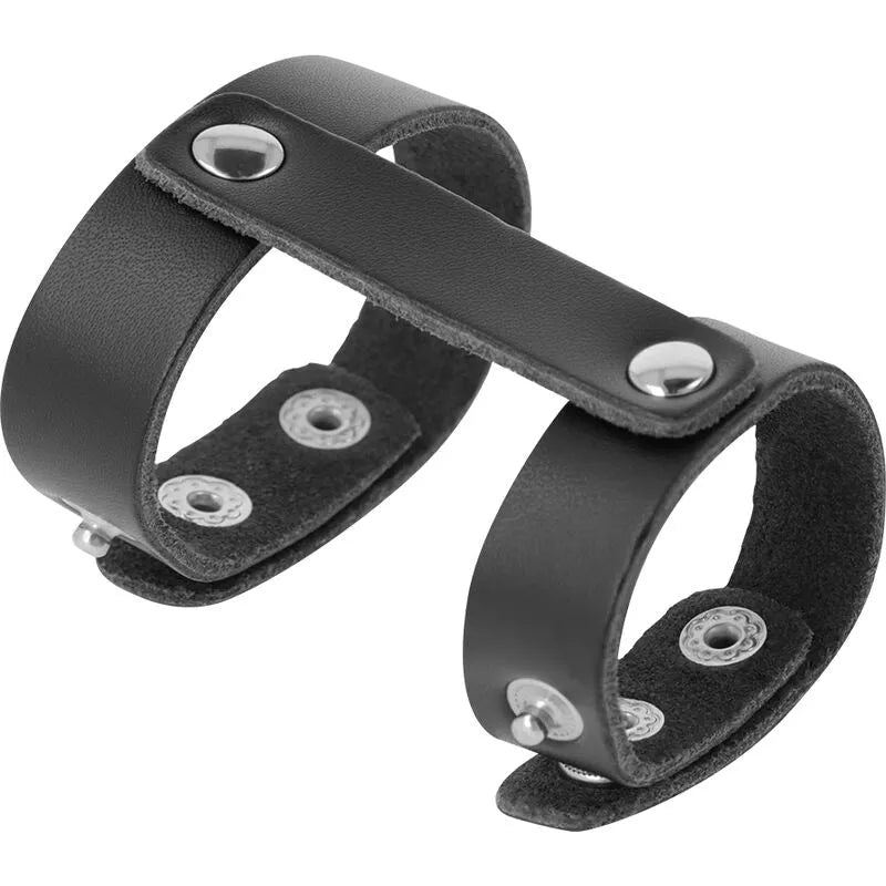 Anneau pénien ajustable en cuir synthétique noir, supports réglables, idéal pour débutants BDSM, confort et sensations.