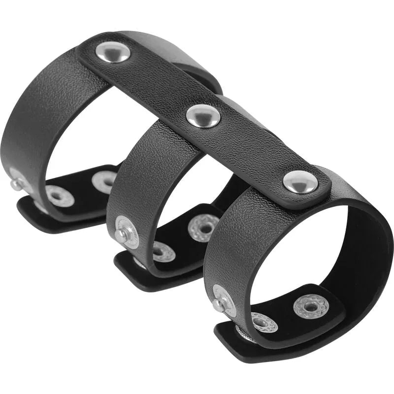 Anneau pénien réglable en cuir synthétique noir avec supports ajustables pour pénétrations intenses et confort optimal.