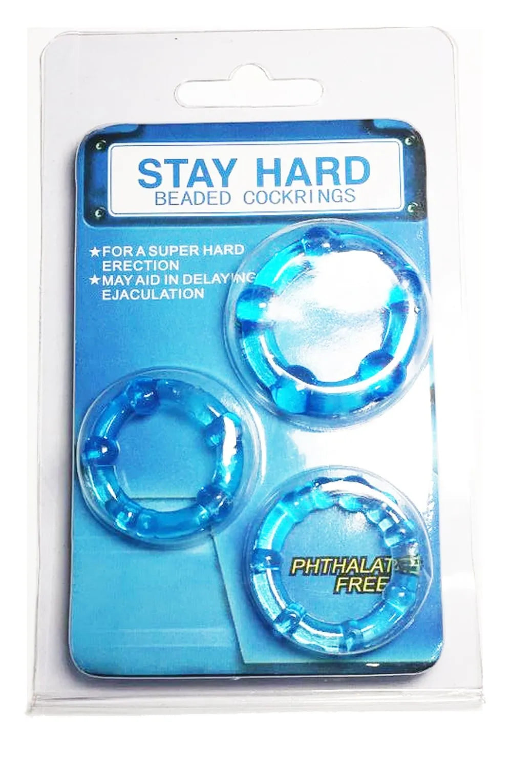 Pack de 3 cockrings bleus avec billes, extensibles, en TPR sans phtalate, pour stimulation pénienne et testiculaire.