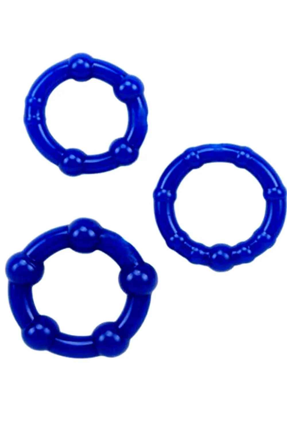 Cockring de luxe bleu en TPR sans phtalate, extensible avec billes, pack de 3 pour stimulation et pression personnalisée.