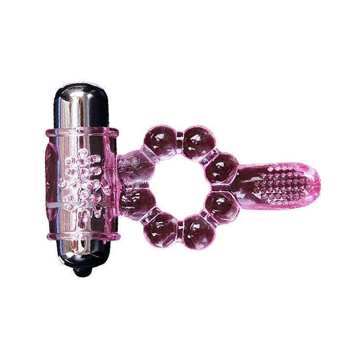 Anneau vibrant rose double stimulation clitoridienne et anale, silicone souple, 10 vibrations, bouton unique, piles incluses.