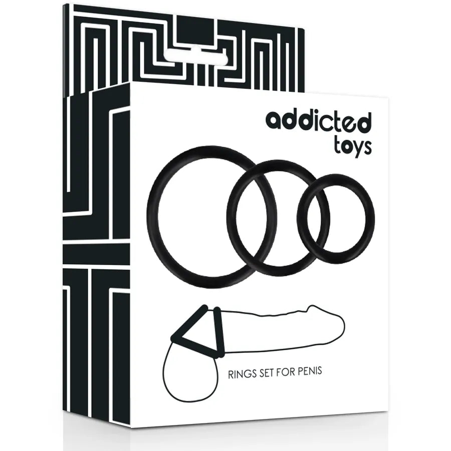 Anneaux caoutchouc noir super élastiques, trois tailles, sur fond blanc; kit stimulation érection Addicted Toys.