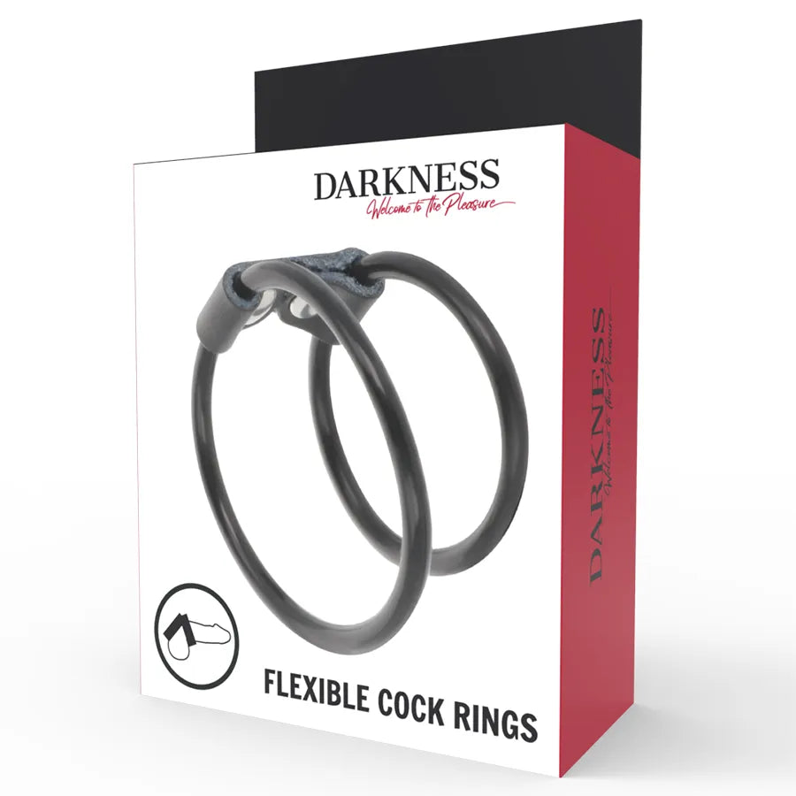 Anneau pénien double en cuir et caoutchouc noir, ajustable, sur fond blanc, pour confort et éjaculation retardée.