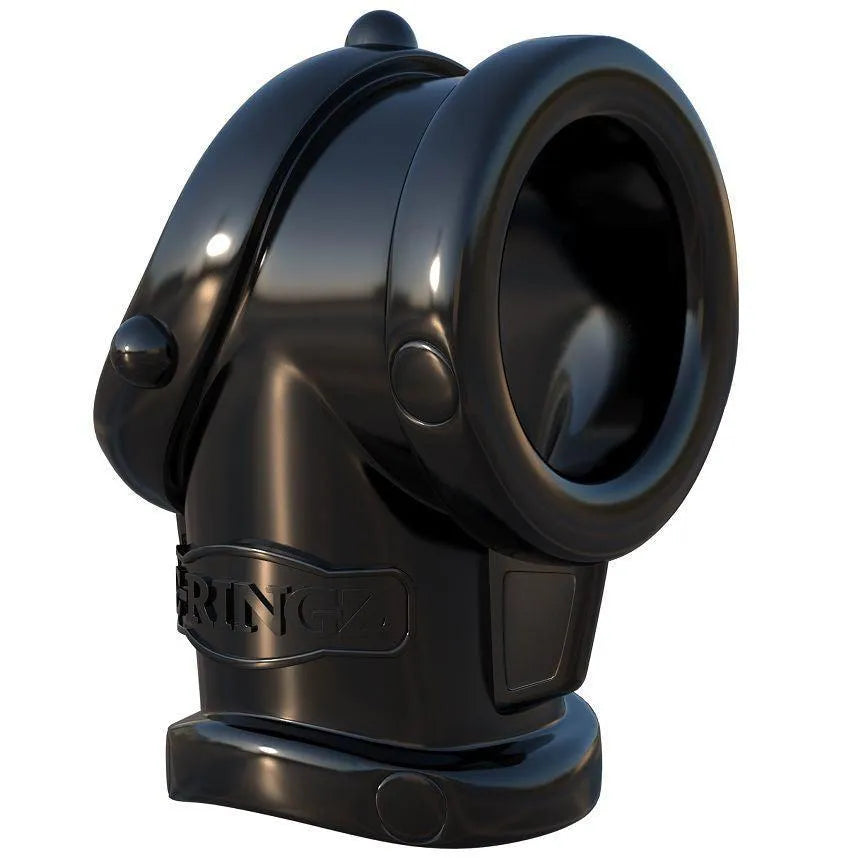 Anneau pénien noir extensible avec étireur testiculaire élastique, design ergonomique en TPR hypoallergénique.
