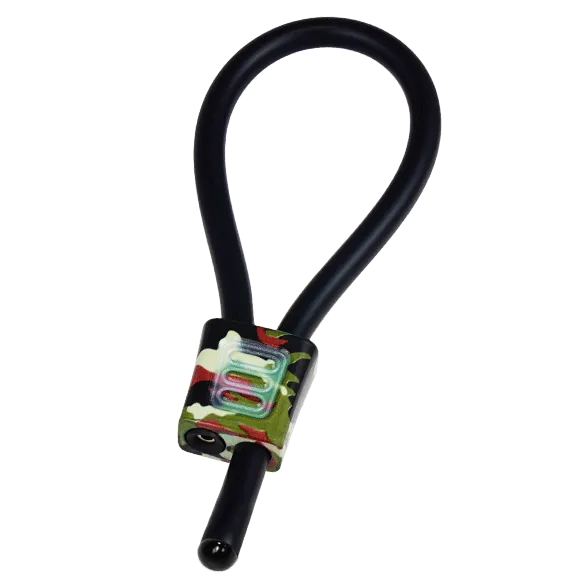 Anneau pénien électrostimulation camouflage, caoutchouc conducteur noir, réglage aluminium anodisé, broches 2mm.