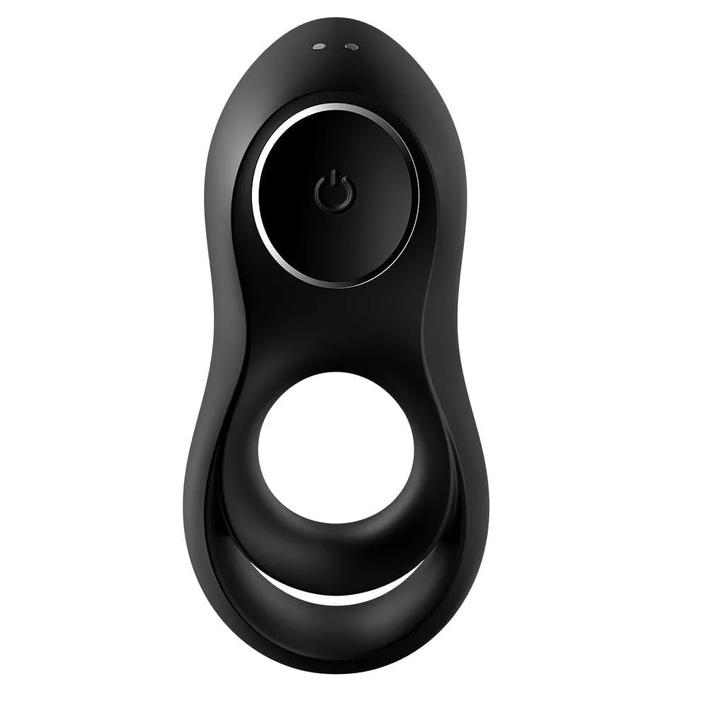 Anneau pénien noir vibrant, silicone, double serrage, stimulation clitoridienne, 12 programmes, rechargeable, étanche.