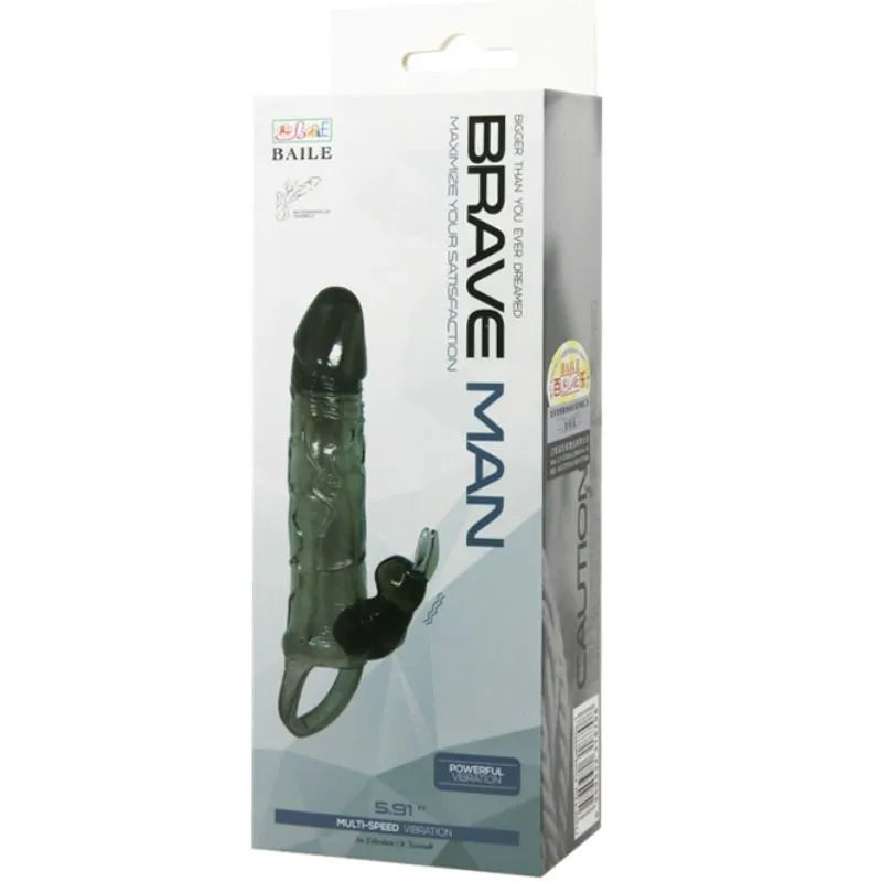 Cockring noir vibrant avec stimulation clitoridienne, design lapin, silicone ergonomique, boîte blanche, texte bleu.