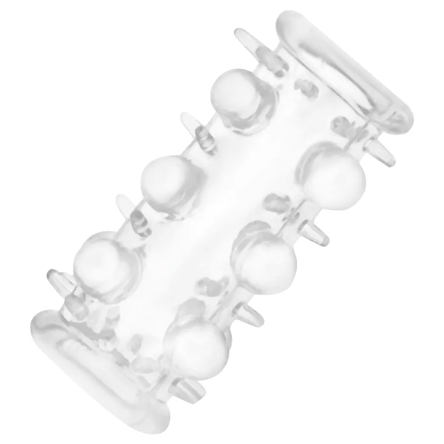 Anneau pénien texturé transparent en silicone, extensible, hypoallergénique, pour stimulation et prolongation érection.