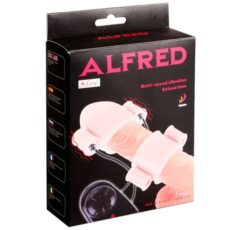 Anneau pénien vibrant silicone naturel avec balles réglables, double manchon, télécommande, sur fond d'emballage.
