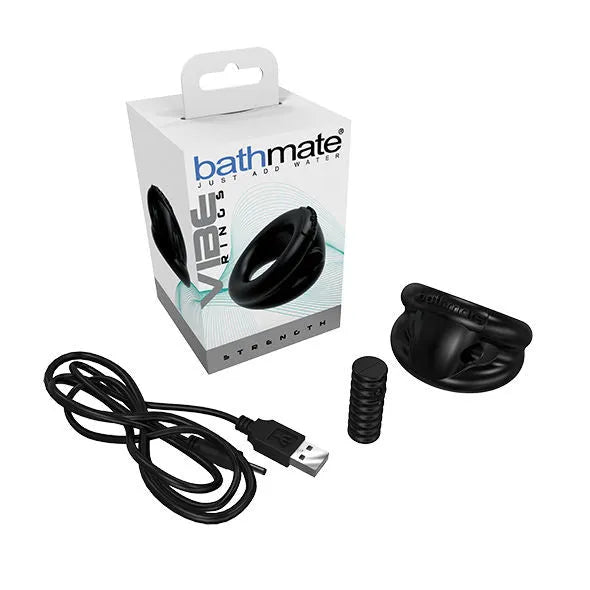 Anneau vibrant noir Elastomex, ergonomique, ajustable, avec câble USB, sur fond blanc.