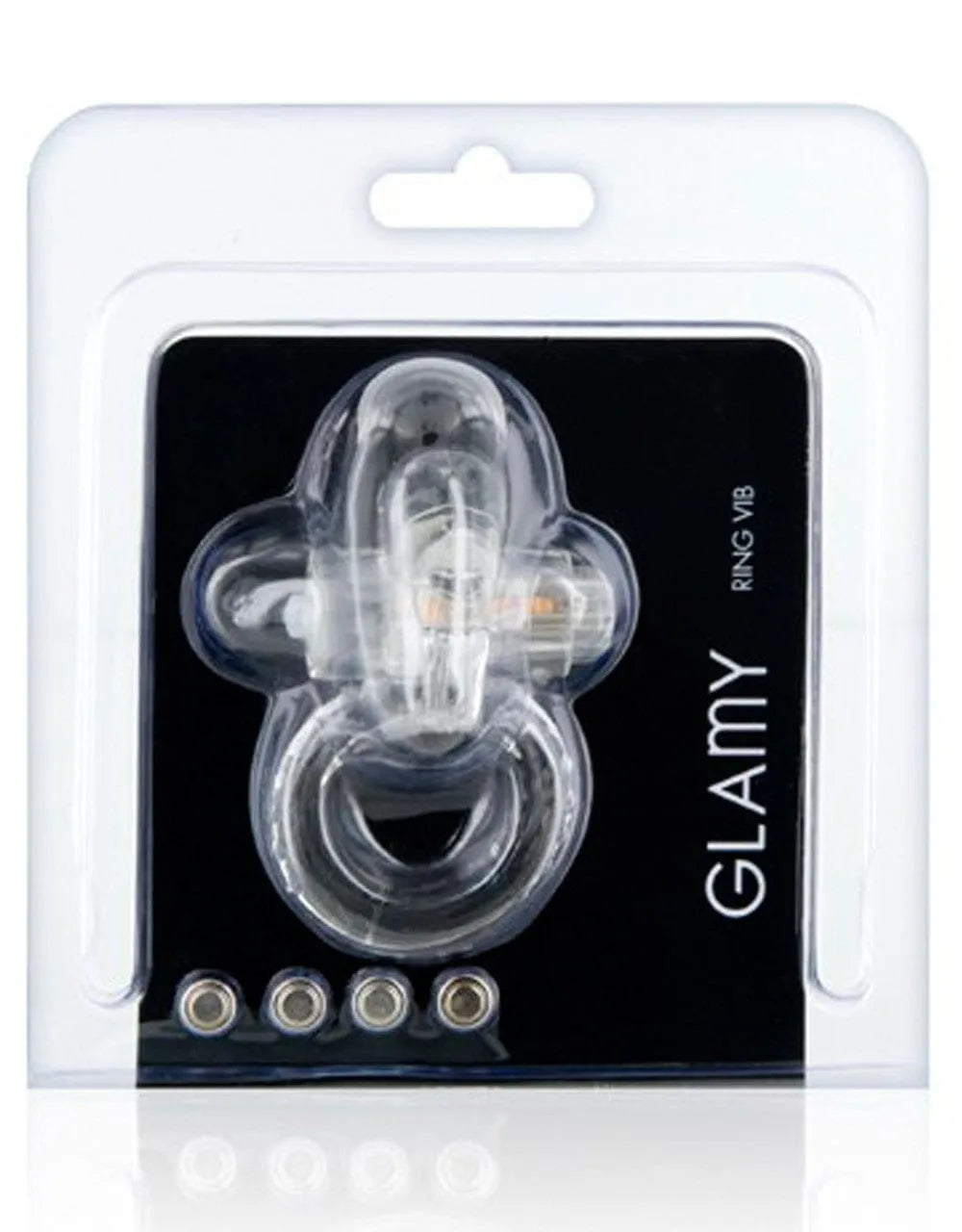 Anneau vibrant silicone transparent, ergots clitoridiens, retardateur éjaculation, étanche, piles incluses, emballage.